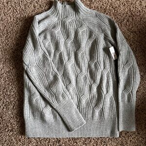 Womens Grey Cable-Knit Mock Neck Sweater